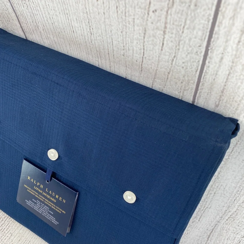 Ralph Lauren Lovan Jacquard Flat Sheet Full Navy Blue Organic Cotton Plaid